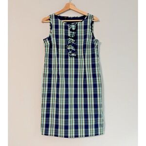 Talbots Sleeveless Plaid Navy Teal Sleeveless Ruffled Front Cotton Dress Size 8P